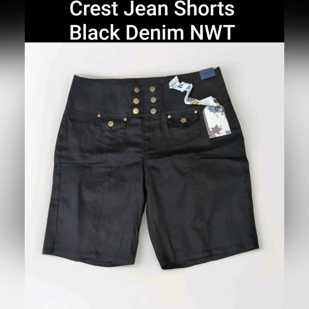 🆕Crest Jeans Women Size 24 Shorts Denim Black Gold Buttons Small Pockets Front